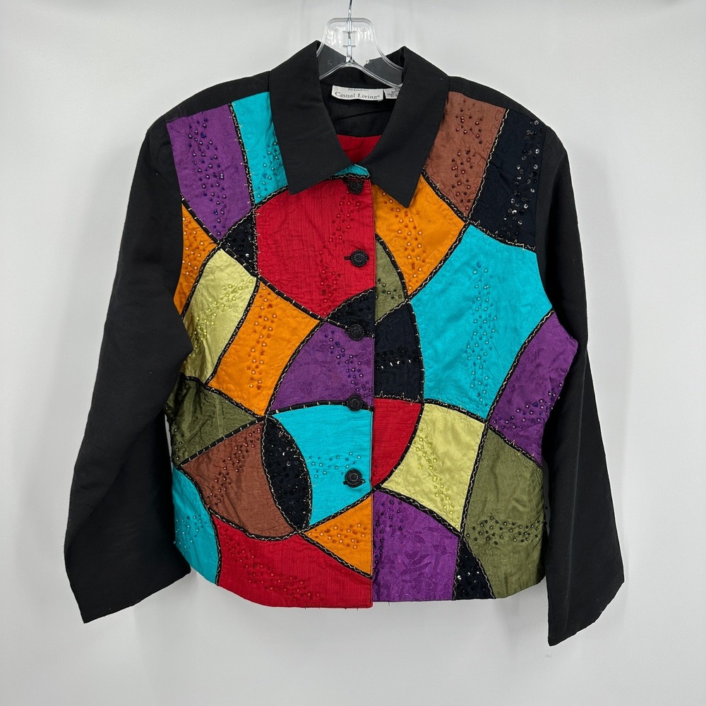 Women Indie‎ Art To Wear Jacket Sz L Colorful Patchwork Bold Gallery Avant Garde